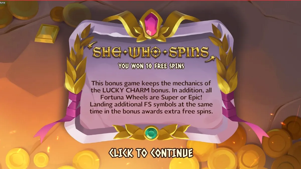 Deusa Fortuna ao lado dos rolos de Rise of Fortuna